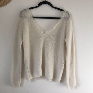 Sezane mohair cozy soft cream sweater lace trim.
